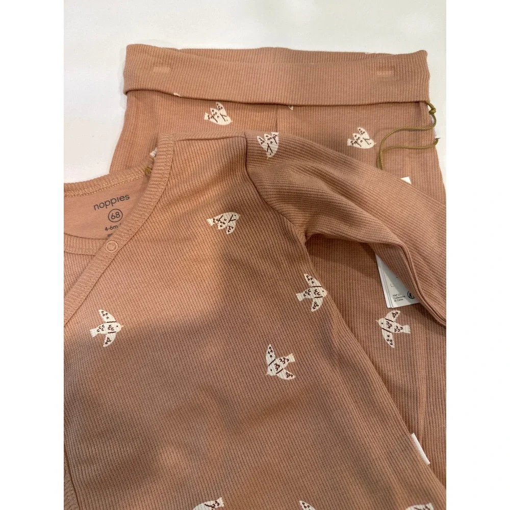 Noppies Baby Organic Cotton Ribbed Bird Print Wrap Top and Pants Set 6M